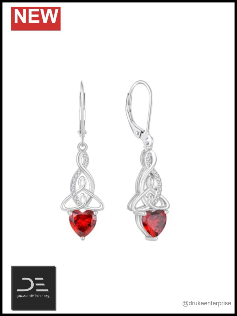 Infinity Celtic Knot Drop Earrings Sterling Silver Leverback CZ Garnet